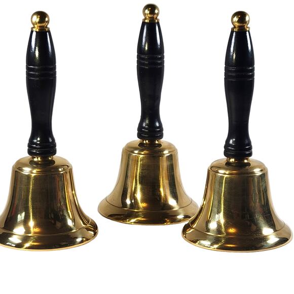 3 Large Brass Bells, Wooden Handles Christmas School Teacher Farm Collectible - Picture 2 of 14